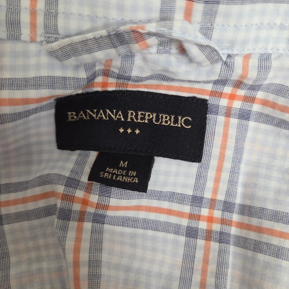 Banana Republic‎ Mens M Plaid Button Down Shirt Blue Orange Cotton Long Sleeve